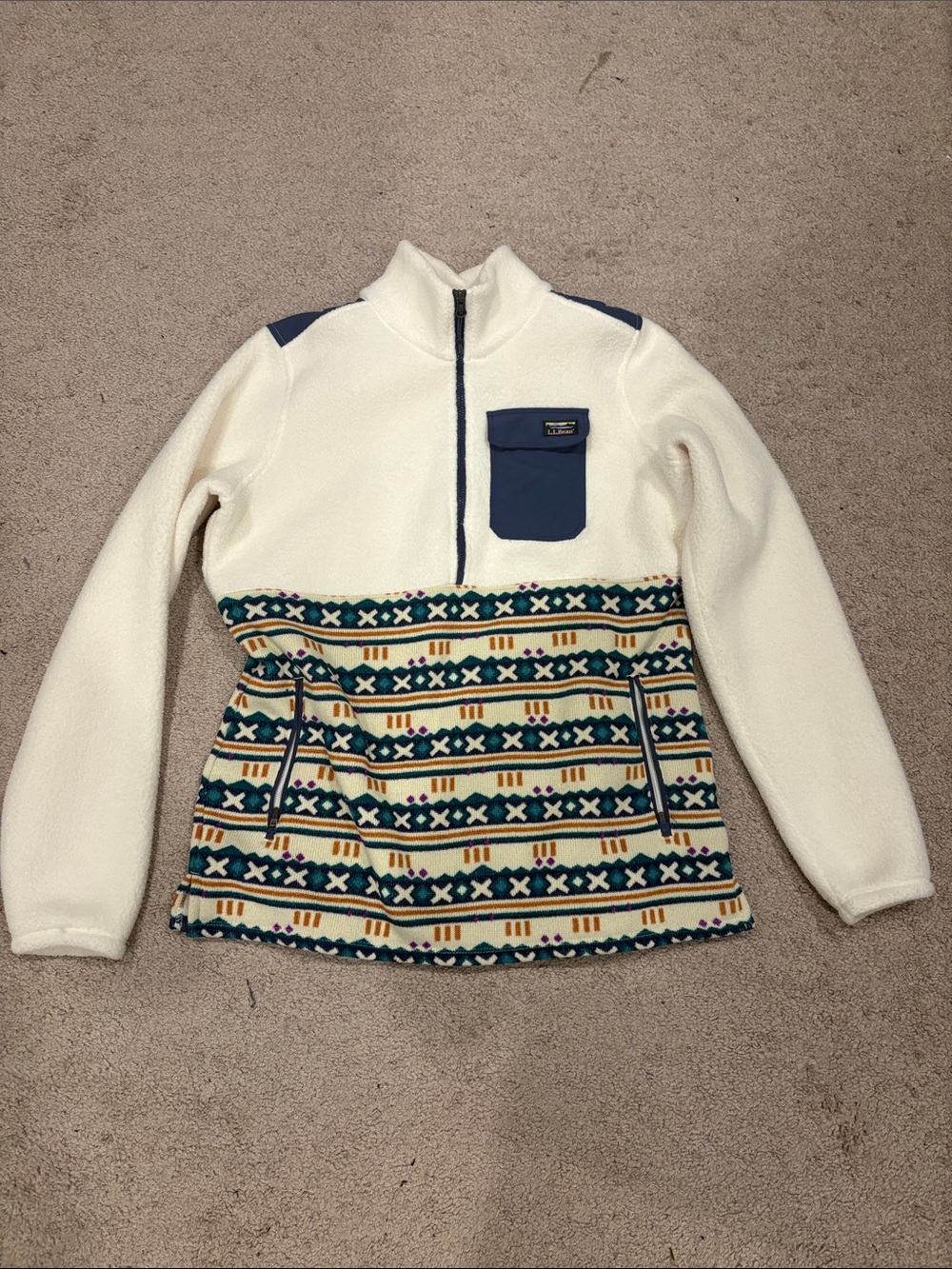LLBEAN cozy White & Navy Patterned Quarter-Zip Fleece Pullover